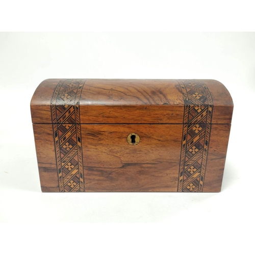 154 - Victorian walnut marquetry domed tea caddy, 15cm x 25cm x 14cm, with a Victorian rosewood sewing box... 