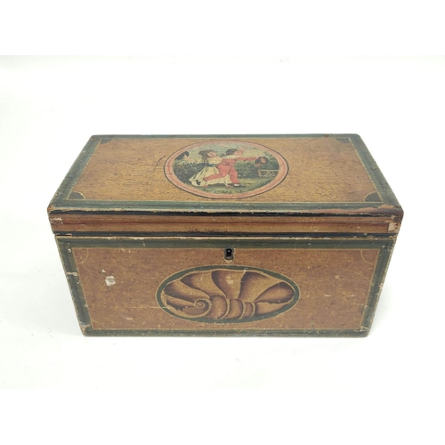 158 - George III tea caddy, with painted panel of children to the top, opening to reveal pine lined compar... 