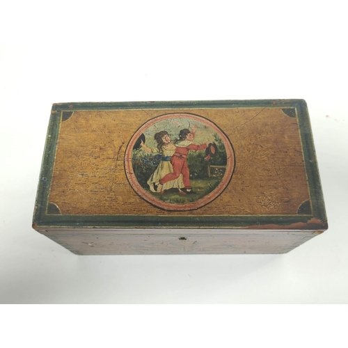 158 - George III tea caddy, with painted panel of children to the top, opening to reveal pine lined compar... 