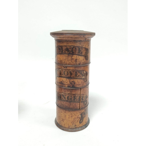 159 - 19th century boxwood treen spice tower, the cylindrical tower in four sections with satinwood labels... 