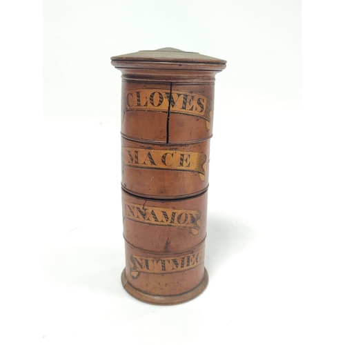 159 - 19th century boxwood treen spice tower, the cylindrical tower in four sections with satinwood labels... 