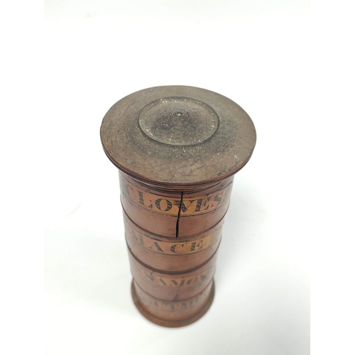 159 - 19th century boxwood treen spice tower, the cylindrical tower in four sections with satinwood labels... 