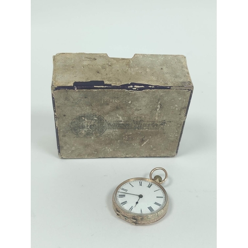 16 - Geneva keyless cylinder watch in 9ct gold engraved case, 1907, 31mm, also a Waterbury watch box for ... 
