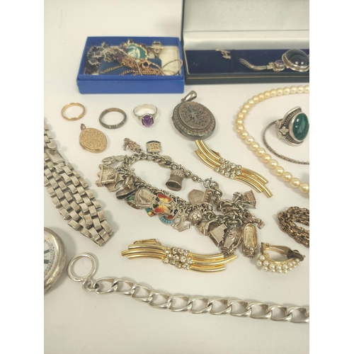 22 - Rolled gold long chain, a Geneva silver watch with 'Albertina' guard, and a quantity of silver, and ... 