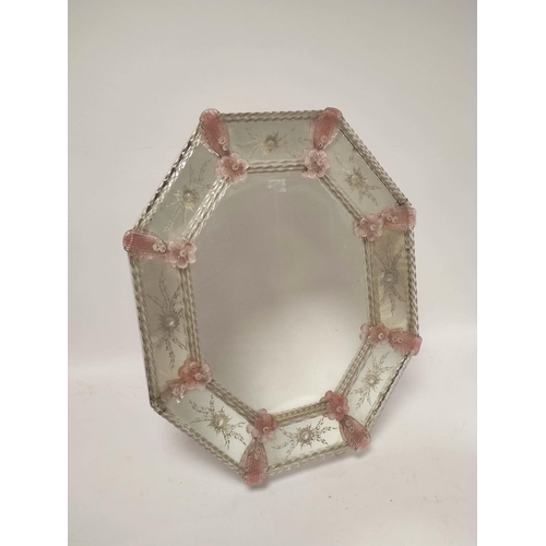 357 - Venetian glass mirror, the octagonal mirror with etched floral panels and interspersed pink glass fl... 