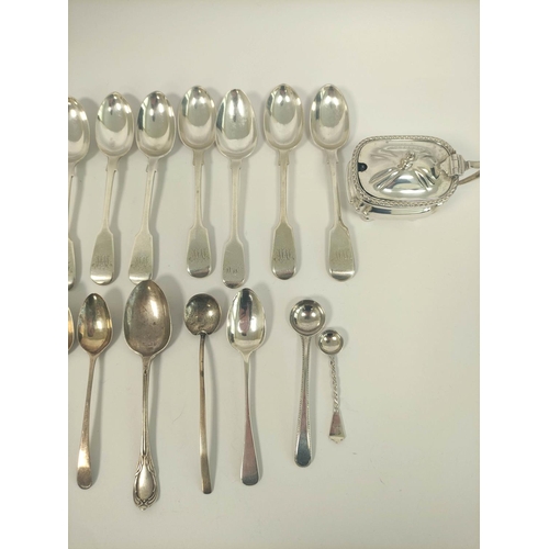 7 - Silver tongs 1804, a mustard pot, and a quantity of teaspoons and flatware, 483g / 15½oz.