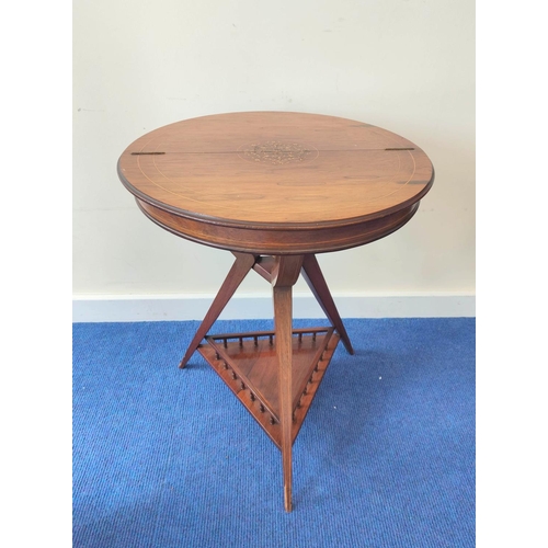 358 - Edwardian inlaid rosewood sewing table, the two section circular top opening to reveal a blue velour... 