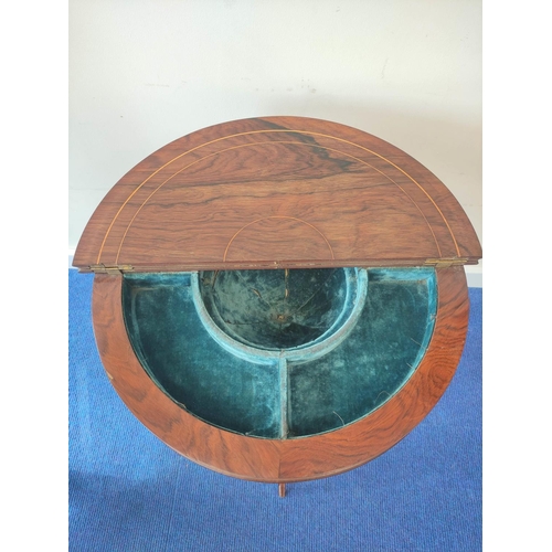 358 - Edwardian inlaid rosewood sewing table, the two section circular top opening to reveal a blue velour... 