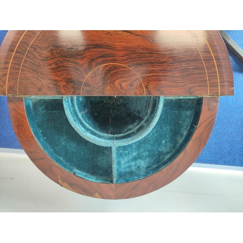 358 - Edwardian inlaid rosewood sewing table, the two section circular top opening to reveal a blue velour... 