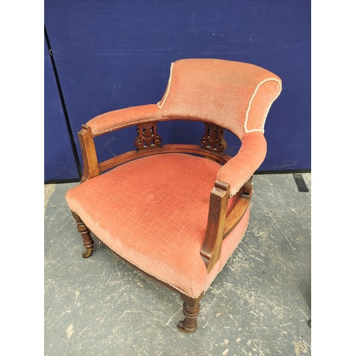 365 - Pair of Edwardian drawing room tub armchairs upholstered in later pink velour, raised on turned supp... 