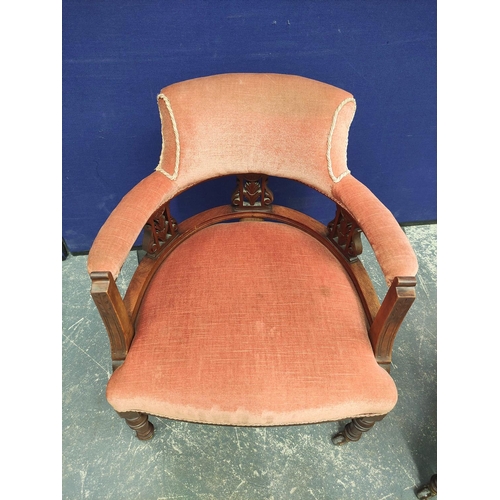 365 - Pair of Edwardian drawing room tub armchairs upholstered in later pink velour, raised on turned supp... 