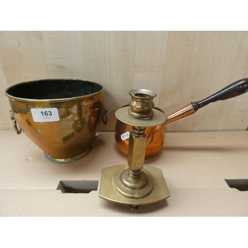 163 - Copper brandy pan, Arts and Crafts brass candlestick, and a jardinière (3)