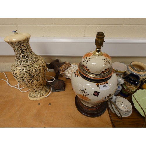 180 - Bay of decorative wares including table lamps (electrical testing re-wiring required), vases, etc.