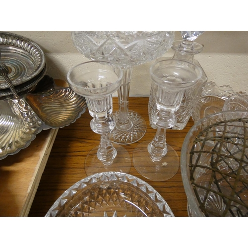 190 - Collection of crystal and glass including bowls, decanter, candlesticks, etc.