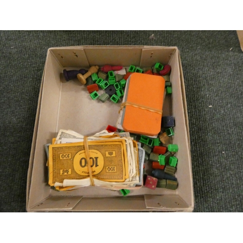 198 - Antique draughts set in oak box with Monopoly board.