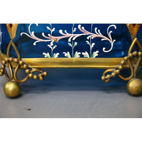 448 - Antique blue glass casket with applied enamel and gilt decoration in the manner of Moser of the Czec... 