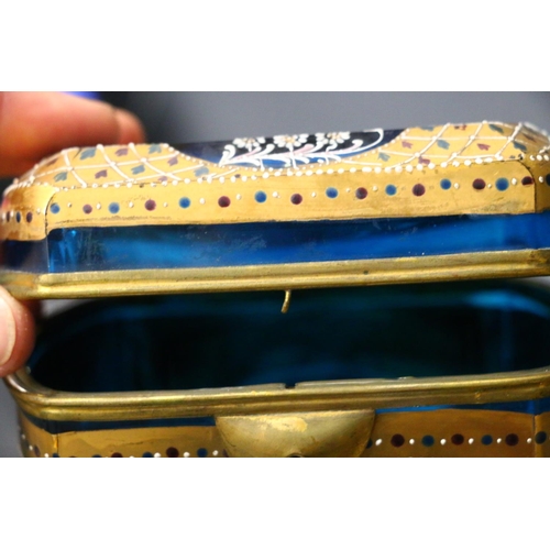 448 - Antique blue glass casket with applied enamel and gilt decoration in the manner of Moser of the Czec... 