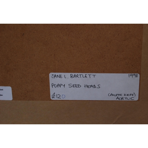 323 - Jane Lindsey Bartlett (Scottish)Poppy Seed HeadsPalette knife acrylic, 13.5cm x 13.5cm.Label verso w... 