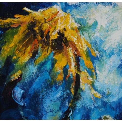 328 - Jane Lindsey Bartlett (Scottish)SunflowerSigned, oil on paper, 22cm x 14cm.Label verso with the arti... 