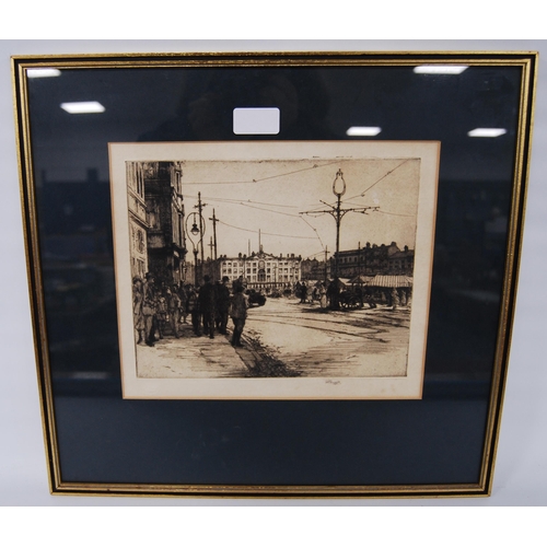 331 - WP Huggitt (British)City street scene with figuresPencil signed artist's proof etching, with blind s... 