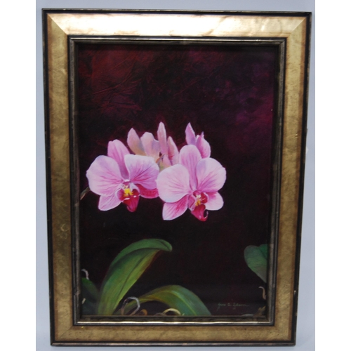 343 - Jane B Gibson (Scottish, b. 1954) OrchidSigned, oil on board, 24cm x 16.5cm.  ARRLabel ver... 