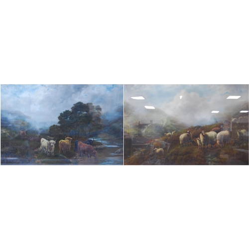 344 - Scottish SchoolHighland cattle watering, and a companion, sheep grazingOils on canvas, 39.5cm x 60cm... 