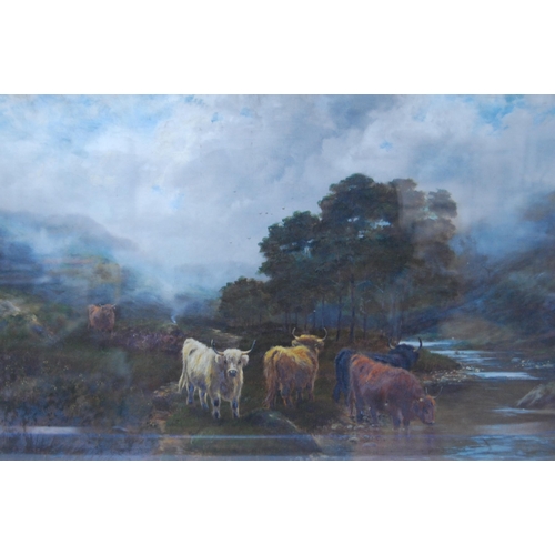 344 - Scottish SchoolHighland cattle watering, and a companion, sheep grazingOils on canvas, 39.5cm x 60cm... 