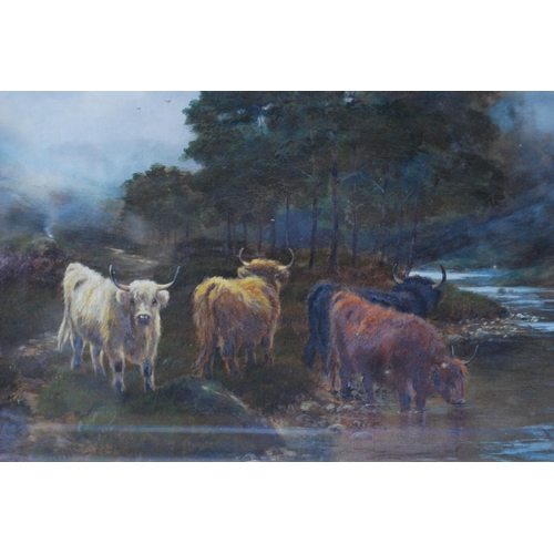 344 - Scottish SchoolHighland cattle watering, and a companion, sheep grazingOils on canvas, 39.5cm x 60cm... 