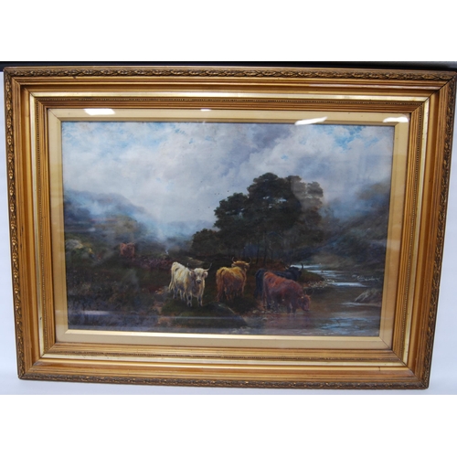 344 - Scottish SchoolHighland cattle watering, and a companion, sheep grazingOils on canvas, 39.5cm x 60cm... 