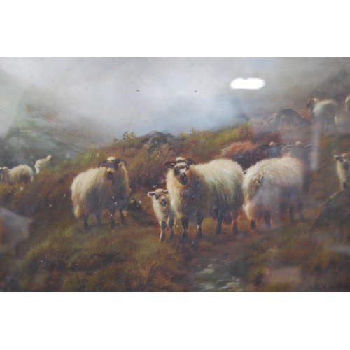 344 - Scottish SchoolHighland cattle watering, and a companion, sheep grazingOils on canvas, 39.5cm x 60cm... 