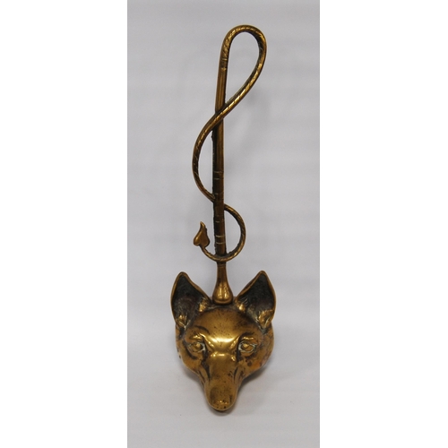 189 - Hunting-themed brass doorstep in the form of a fox's head with riding crop handle, 41.5cm.