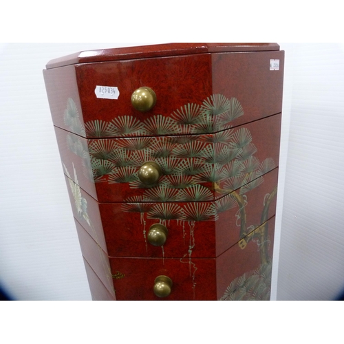 459 - Red lacquer octagonal chest of eight graduated drawers.