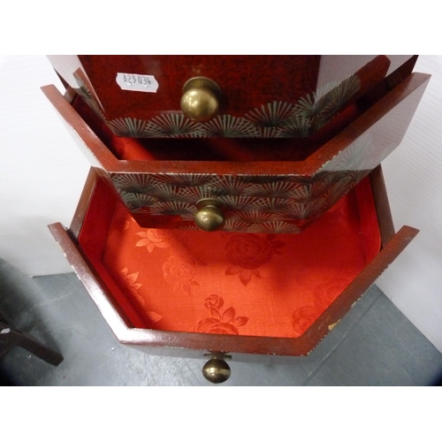 459 - Red lacquer octagonal chest of eight graduated drawers.