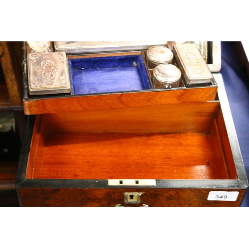 349 - Victorian walnut toilet box, the hinged top opening to reveal a fitted interior with silver plated a... 