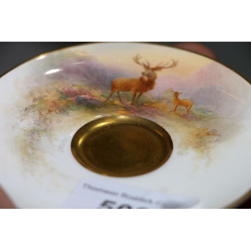 503 - Royal Worcester porcelain cabinet cup and saucer decorated with stag design and signed 'Stinton', nu... 