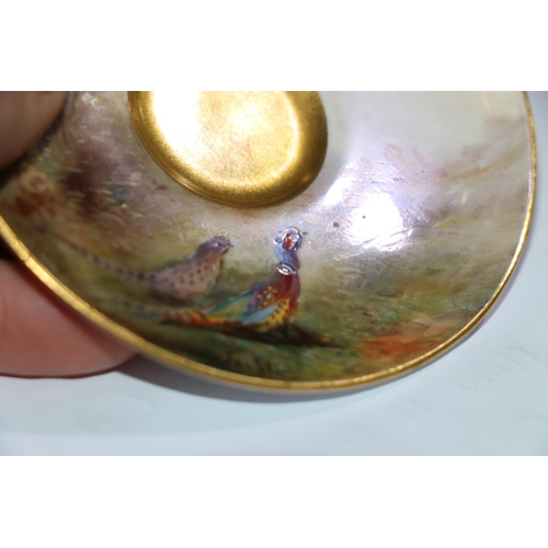 504 - Royal Worcester porcelain cabinet cup and saucer decorated with pheasant design and signed 'Jas Stin... 