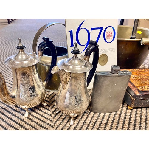 342 - Quantity of items including brass jam pot and magazine/tool belt, epns coffee pot, fish hook