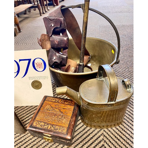 342 - Quantity of items including brass jam pot and magazine/tool belt, epns coffee pot, fish hook