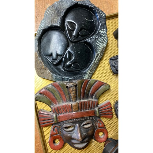 289 - Masai figure of a woman, African mask, pair of bookends, toureen bowls etc