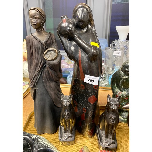 289 - Masai figure of a woman, African mask, pair of bookends, toureen bowls etc