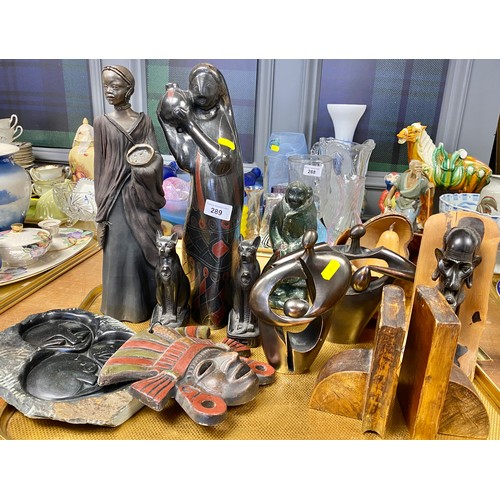 289 - Masai figure of a woman, African mask, pair of bookends, toureen bowls etc