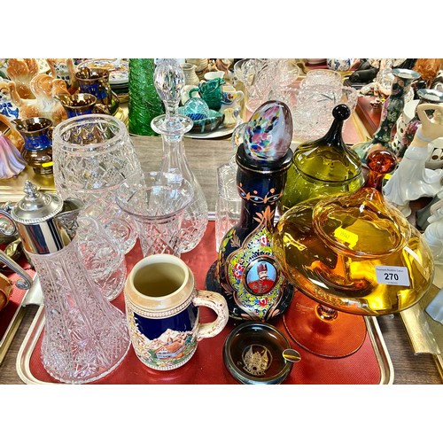 270 - Collection of cut glass to include claret jug, decanters etc