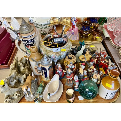 267 - Collection of model warriors, two german steins, a First Darlington ginger beer bottle, etc