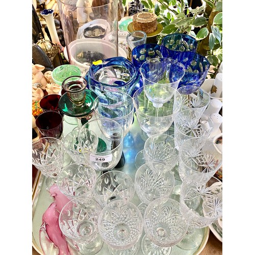 249 - Blue bubble art glass vase, art glass candle sticks, pair of doves, and other glassware