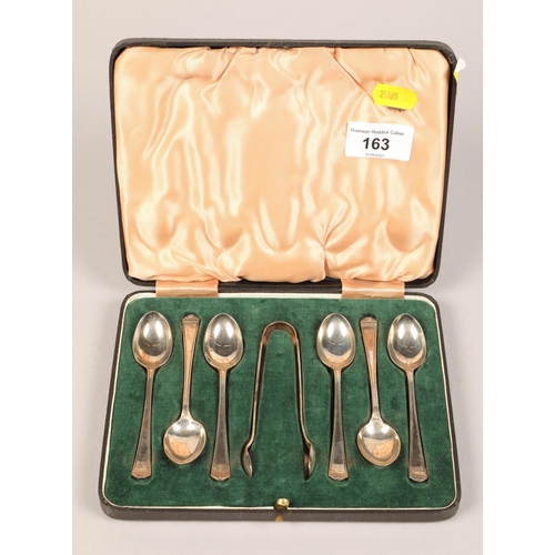 163 - A set of six Sheffield silver teaspoons and tongs, cased