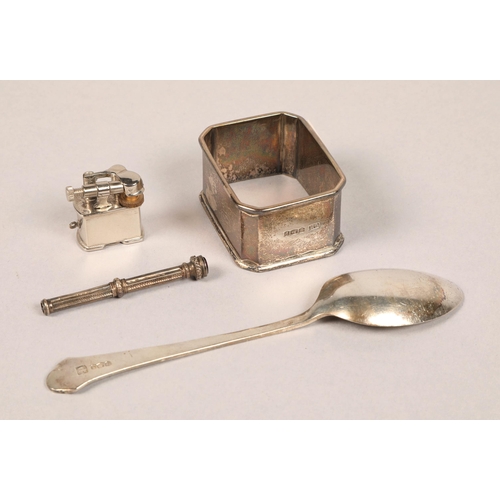 166 - Sheffield silver teaspoon, cased, a silver serviette ring, propelling pencil, and a golden wheel lig... 