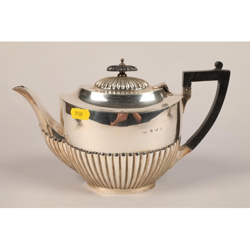 172 - Four piece half reeded part silver tea set.  The silver teapot , silver jug and  silver bowl marked ... 