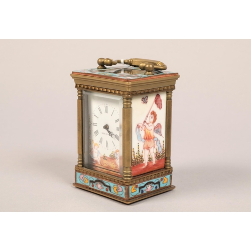 173 - A French miniature carriage clock with porcelain panels depicting putti catching butterflies and clo... 