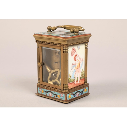 173 - A French miniature carriage clock with porcelain panels depicting putti catching butterflies and clo... 