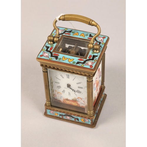 173 - A French miniature carriage clock with porcelain panels depicting putti catching butterflies and clo... 